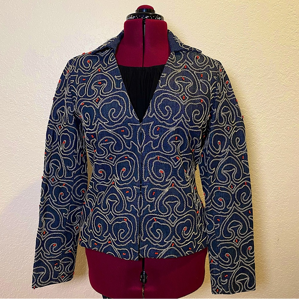 Anne Klein | Vintage Jean Jacket with Stitch Detailing and Red Beading 12 🍒✨